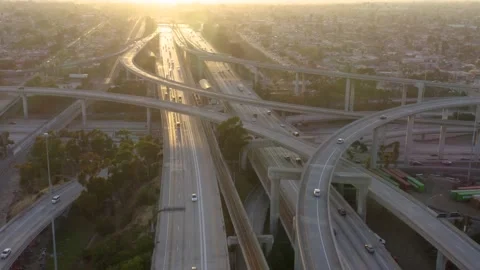 Aerial road junction. Drone footage of top view of Highway road junctions. Stock Footage