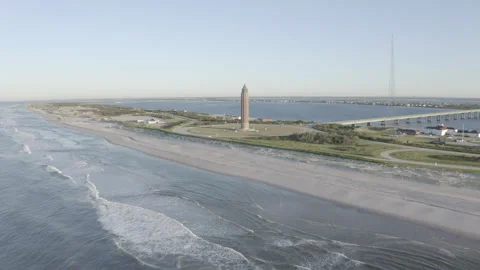 Aerial Robert Moses State Park 1/4 Orbit w/ bridge and water tower 4K@24FPS DLOG Stock Footage 297023307