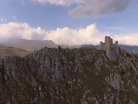 Aerial, Rocca Calascio, an ancient mountaintop fortress in Abruzzo, Italy, 4K Stock Footage