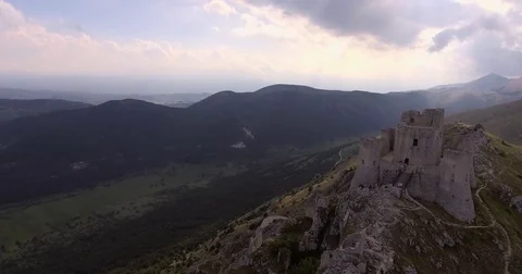Aerial, Rocca Calascio, an ancient mountaintop fortress in Abruzzo, Italy, 4K Stock Footage