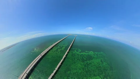 Aerial rocket view Florida Keys seven mile bridge to tiny planet vr Stock Footage 335662865
