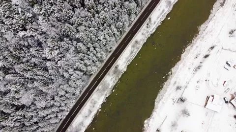 Aerial Roll Over Forest Road And River During Winter Stock-Footage 166456091