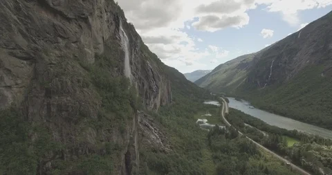 Aerial of the Romsdal valley Trollveggen Stock Footage 87734853