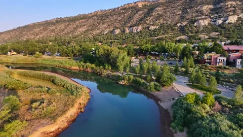 Aerial Rotating Shot Over Animas River and Oxbow Park at Golden Hour Stock Footage 342612646
