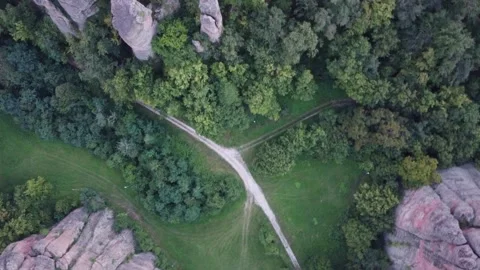 Aerial rotating shot. Straight down view above cliff near Belogradchik, Bulgaria Stockbeeldmateriaal 138688245