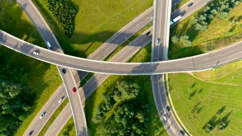 Aerial rotating top-down view of three level road junction. Vilnius. Lithuania Stock-Footage 282355693