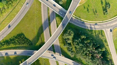 Aerial rotating top-down view of three level road junction. Vilnius. Lithuania 스톡 동영상 288900695