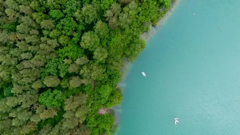Aerial rotating top-down view of boats cruising along tropical lake shore. 스톡 동영상 313566021