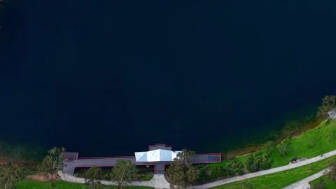 Aerial rotating top-down view of modern pier on lake Stock Footage 339377622