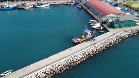 Aerial rotating view of harbor pier with boats and fish facility Video stock 337463003