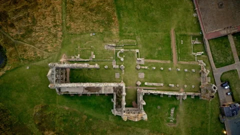 Aerial rotating view of historical medieval abbey ruins Video stock 336803798