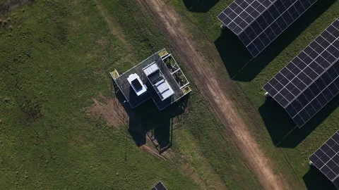 Aerial rotating view of solar power station equipment Stock Footage 341272494