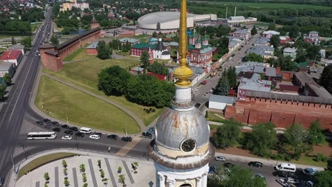Aerial rotation around clock tower in Kolomna Stock Footage 327230314