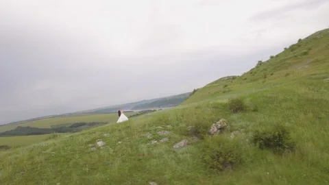 Aerial rotation panoramic view couple walking on green grass mist field. Cloudy Stock Footage 233712586