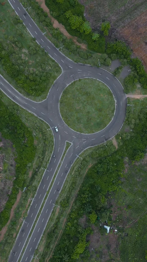Aerial Roundabout Surrounded By Fields Survey Route Stock Footage 328018348