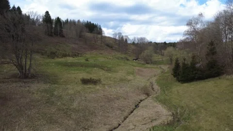 Aerial rural landscape spring fields forest horizon countryside Germany Stock Footage 332372639