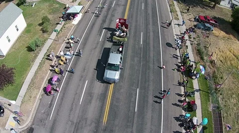 Aerial rural parade float throwing candy to kids HD 029 Stock Footage 40461838