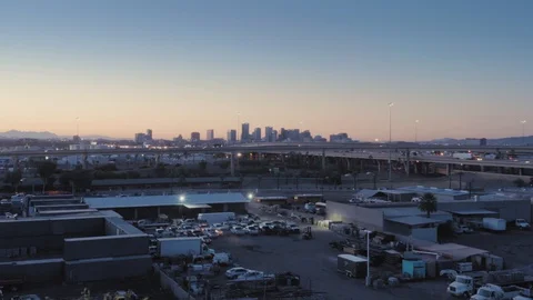 Aerial: Rush hour freeway traffic at sunrise. Phoenix, Arizona, USA Stock Footage 128121902