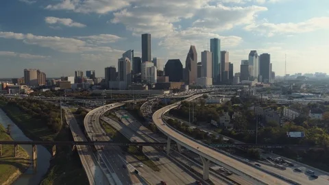 Aerial of rush hour traffic near downtown Houston Stock Footage
