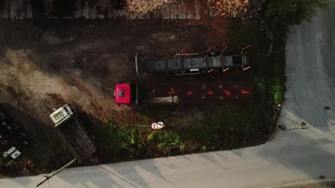 Aerial of Rusty Lorry, Destroyed Road Sign in Abandoned Area Stock Footage 300865678