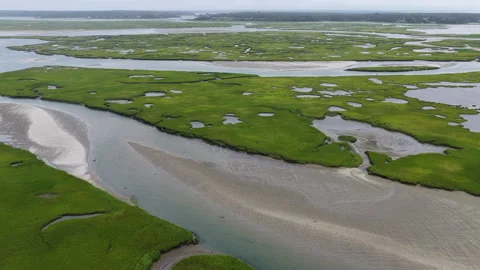 Aerial of a Salt Marsh and Shallow Channels on the New England Coast Stock Footage 341961603