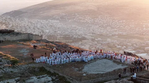 Aerial Samaritan Passover Ceremony During Sunrise Mount Gerizim Stock Footage 334883194