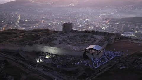 Aerial Samaritan Passover Ceremony At Dusk Mount Gerizim Stock Footage 334879287