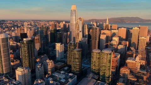 Aerial: The San Francisco City Skyline at sunrise Stock Footage