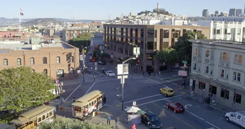 Aerial of San Francisco Trolley Car & Skyline Stock Footage