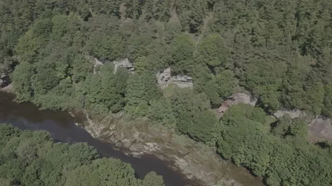 Aerial of sandstone cliffs next to low brown river in summertime drought 스톡 동영상 137458355