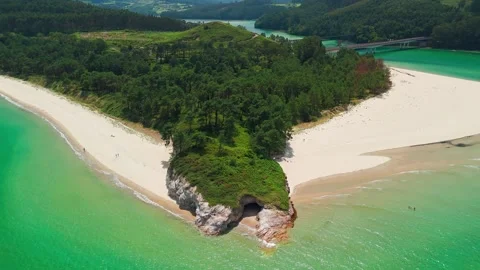 Aerial of Sandy Beach on River Sor Spit Near O Porto do Barqueiro, Galicia Stock Footage 323221137