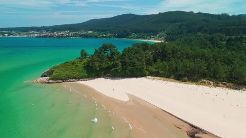 Aerial of Sandy Beach on River Sor Spit Near O Porto do Barqueiro, Galicia Stock Footage 323228864