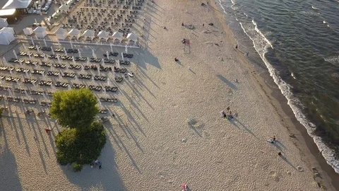 Aerial of Sandy Beach Umbrellas and Sunbeds in Sopot Poland Video stock 95596653