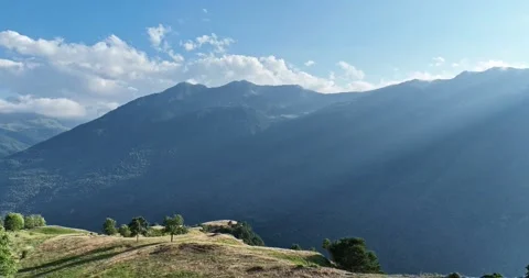 Aerial scene with drone of the spring landscape in the valley of Aran Lleida Stock Footage 205970255