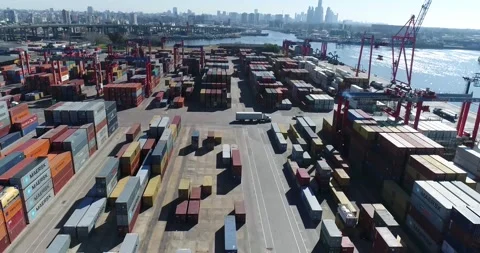 Aerial scene with drones. Container terminal of the port. Stock Footage 156985900