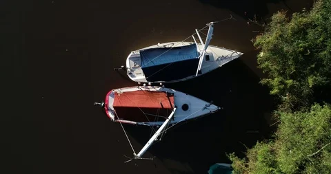 Aerial scene flying over various sailboat's mast moored at delta shore at sunset 스톡 동영상 119017461