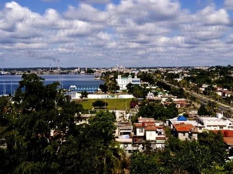 Aerial scene panoramic of the small important village of Cienfuegos in South 스톡 동영상 75687531