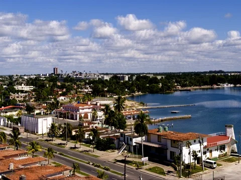 Aerial scene panoramic of the small important village of Cienfuegos in South Vídeos de archivo 75687534