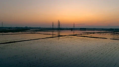Aerial scenic evening landscape fields of countryside Thailand. Stock Footage 129100309