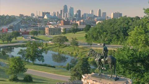 Aerial: The Scout Statue. Penn Valley Park,  Kansas City, Missouri, USA Stock Footage