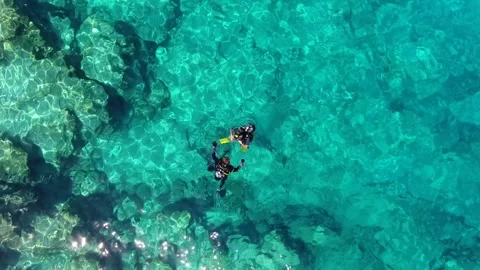 Aerial scuba diving training above rocky reef - Safety Drills and Turquoise Sea Stock Footage 339753047