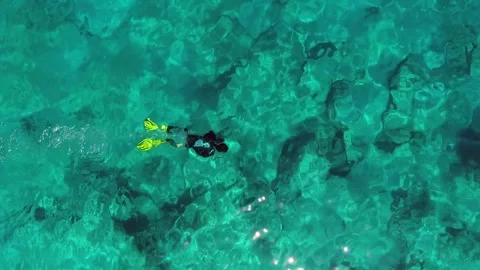 Aerial scuba diving training above rocky reef - Undersea Lesson and Clear Water Stock Footage 339753271