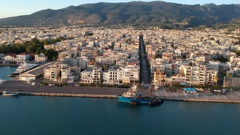 Aerial seaside view over seaside city of Kalamata, Greece at sunset Stock Footage 164609361