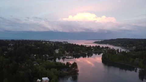 Aerial Seattle Dramatic Evening Sky from Bainbridge Island, Eagle Harbor. Bolt o Stock Footage 145821520