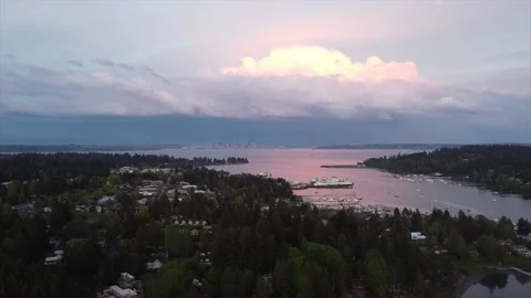 Aerial Seattle Dramatic Evening Sky from Bainbridge Island, Eagle Harbor Stock Footage
