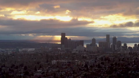 Aerial Seattle Skyline Sunset Dramatic Clouds Evening Cityscape 4K Stock Footage 265103440