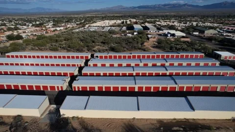 Aerial of self storage units in a small town Stock Footage 169024321