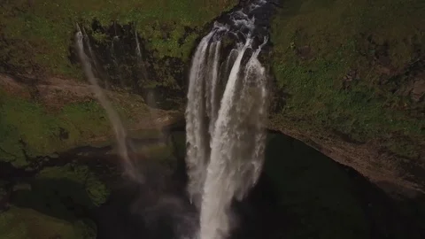 Aerial of Seljalandsfoss Waterfall in Iceland Stock Footage