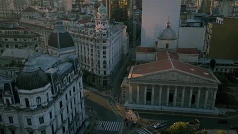 Aerial Semi Orbit Around Buenos Aires Metropolitan Cathedral and Diagonal Norte Stock Footage 346922298