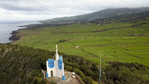 Aerial Sequence - Reverse POI Of Miradouro Do Santa Barbara Green Fields Azores Stock Footage 90672313